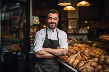 Foto auf Acrylglas Bäckerei Bakery Entrepreneurship, Small Business Owner Proudly Showcases Fresh Croissants.