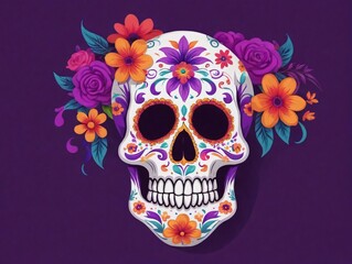 Dia De Muertos Colorful Floral Skull On Purple Background.
