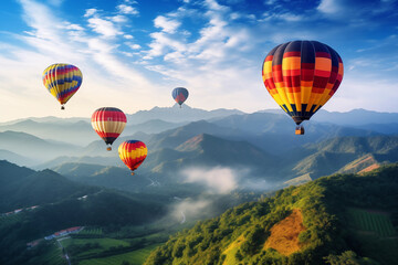 Fototapeta premium Colorful hot air balloons flying over mountain at Dot Inthanon in Chiang Mai