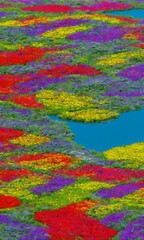 Fototapeta na wymiar Field Of Colorful Flowers On A Lake In Springtime.