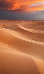 Fototapeta na wymiar A Sunset Over A Desert With Sand Dunes And A Cloudy Sky