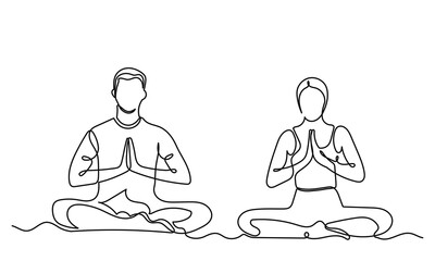 Continuous line drawing of yoga. man women sitting yoga pose lotus. couple sitting cross-legged meditating on a white background. concept of yoga, meditation, healthy body, and relaxation.
