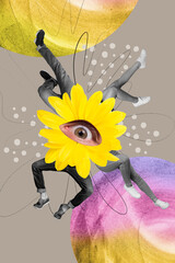 Creative weird collage poster of yellow fresh gerbera with eight human legs eye impressed floral...