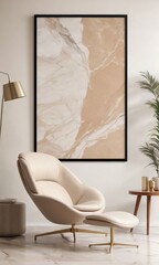 Beige Lounge Chair Against A Marble Wall With An Abstract Poster In A Minimalist Living Room.