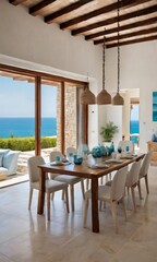 Mediterranean Interior Design Of Modern Dining Room In A Seaside Villa With Sea View.