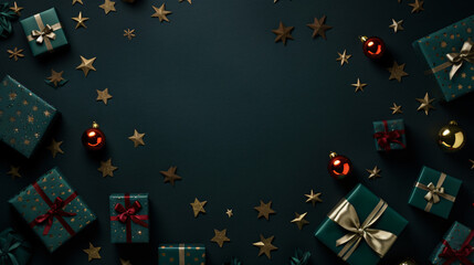 Christmas gifts and decorations on dark green