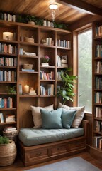 Obraz na płótnie Canvas A Cozy Reading Nook Adorned With Comfortable Seating And Bookshelves, Offering A Peaceful Retreat Amidst A Rain-Soaked Setting.
