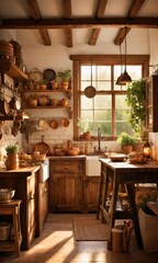 Fototapeta na wymiar A Rustic Kitchen Featuring Wooden Elements And Vintage Decor, Enhanced By The Warm Glow Of The Evening Light.