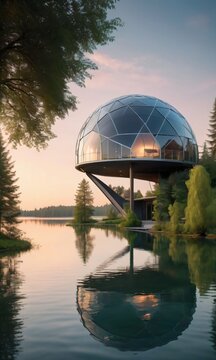 Futuristic Dome House Near A Tranquil Lake. Evening Light