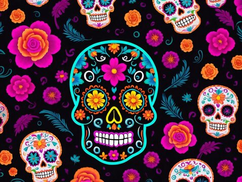 Neon Mexican Folk Sugar Skull Background For Dia De Los Muertos.