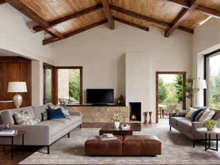 Photo Of Living Room With Wooden Ceiling Beams