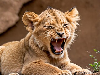 Obraz premium Photo Of Sleepy Lion Cub Yawning