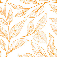 Floral seamless pattern. Branch with leaves autumn texture. Flourish nature summer garden textured leaves. Drawn line art sketch background