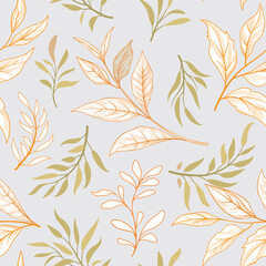 Floral seamless pattern. Branch with leaves gentle autumnal texture. Flourish nature summer garden textured leaves background