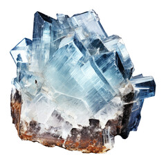A complex cluster of blue crystal formations on a transparent background
