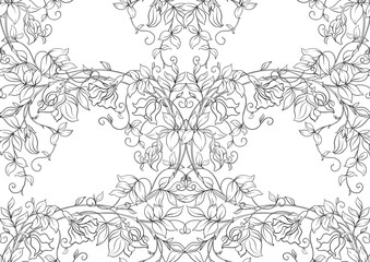 Obraz premium Fantasy flowers and bird, decorative flowers and leaves in art nouveau style, vintage, old, retro style. Seamless pattern, background. Vector illustration. Outline hand drawing vector illustration.