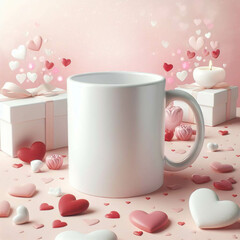 White ceramic mug mockup on Valentine's day background.