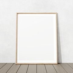 3d rendering of wooden photo frame mockup, wood floor and grunge wall background. Frame for 4:5 width to height ratio such as 8x10 12x15 16x20 inches
