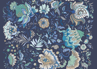 Fantasy flowers in retro, vintage, jacobean embroidery style. Seamless pattern, background. Vector illustration.