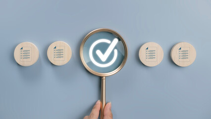 Document quality check or document management checking concept. Certificate checklist and Magnifier...