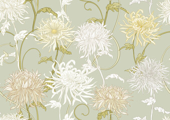 Chrysanthemum decorative flowers and leaves in art nouveau style, vintage, old, retro style. Seamless pattern, background. Vector illustration.