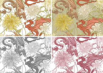 Chrysanthemum decorative flowers and dragons in art nouveau style, vintage, old, retro style. Seamless pattern, background. Vector illustration.