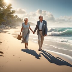 A couple of elderly pensioners are walking on the evening beach.