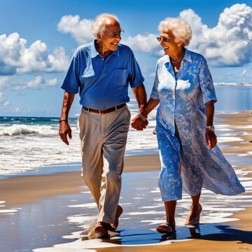 A couple of elderly pensioners are walking on the evening beach.