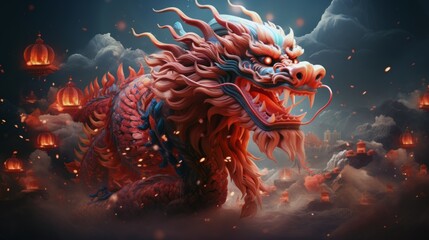 Chinese new year dragon flying over clouds in the sky - obrazy, fototapety, plakaty