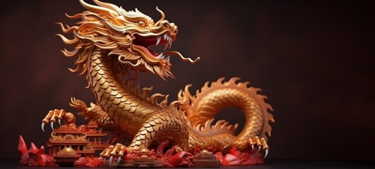 Obraz premium Chinese new year dragon, golden dragon statue and red decoration on black wall, copy space, card template