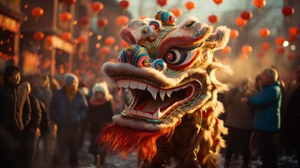 Chinese Lion dance in the Chinese new year celebration festival in chinatown streets - obrazy, fototapety, plakaty