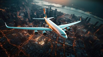 A passenger plane flies in the sky over the evening city
