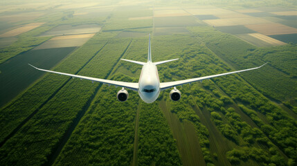 Passenger plane flies in the sky over a green field - obrazy, fototapety, plakaty