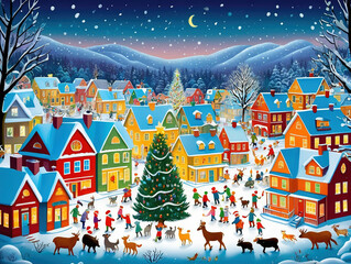 Fototapeta na wymiar Winter town with Christmas tree on city square by different types of animals, with lights, with many colors and snow, hand drawn