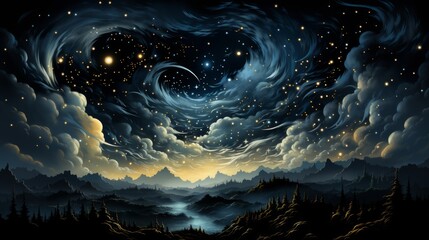 Vast, celestial canvas painted with swirling clouds and sparkling stars, a stunning fusion of...