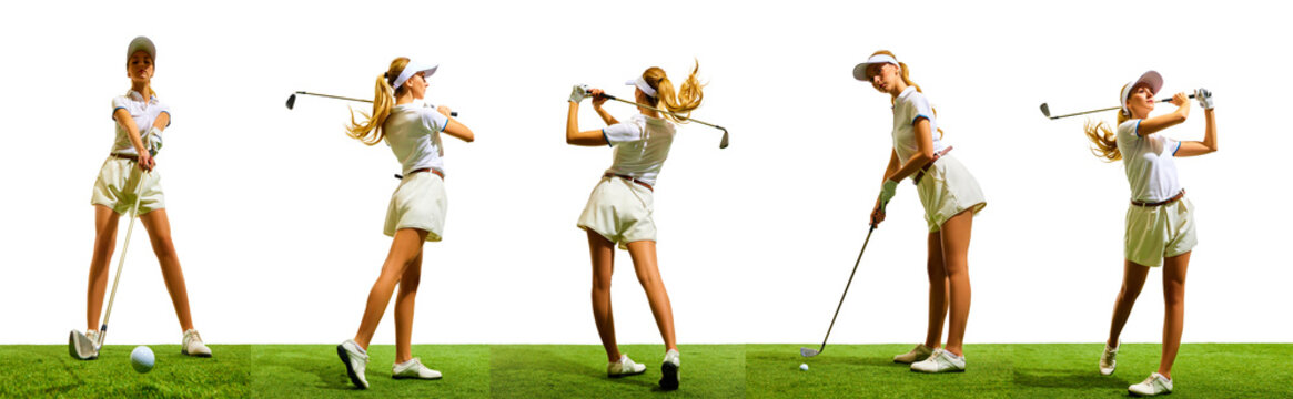 Young pretty girl in white clothes playing golf on green grass floor covering isolated over white background. Collage. Concept of sport, competition, tournament, championship, hobby