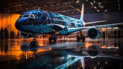 A majestic blue airliner, glowing with lights, prepares for takeoff, embodying the wonder and innovation of air travel and the expertise of aerospace engineering