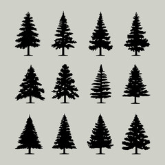 Vintage trees and forest silhouettes set, black pine woods design on white background