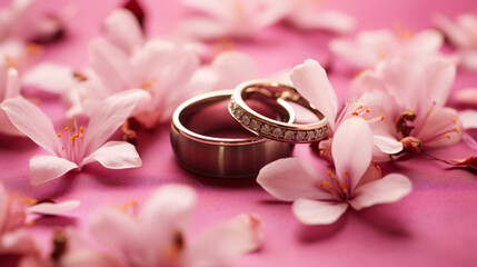 Wedding rings with flower petals on pink background