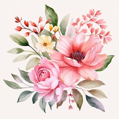 Watercolor Wild Flowers Bouquet on a White Background AI Generative
