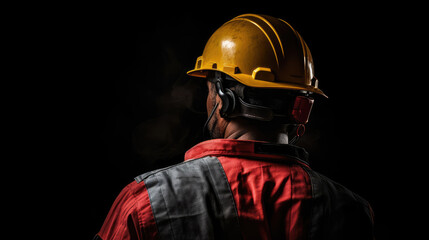 Obraz premium Back view of mine workers wearing helmet