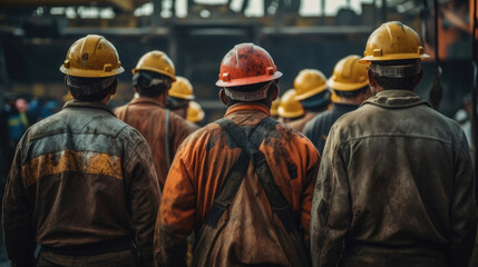 Back view of mine workers wearing helmet