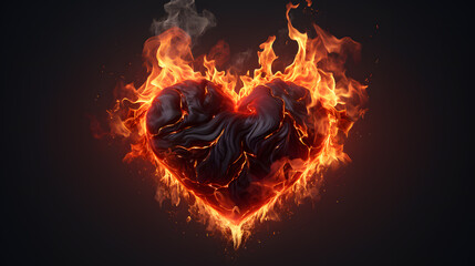 Fototapeta premium Fire flame heart shape isolated on black background