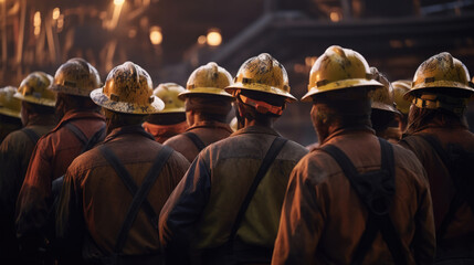 Obraz premium Back view of mine workers wearing helmet