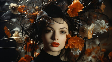 A captivating portrait of a woman adorned with a delicate rose in her hair, exuding an ethereal aura of fashion and art