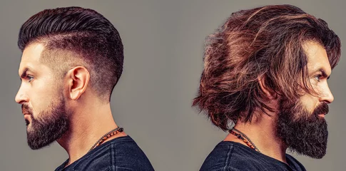 Zelfklevend Fotobehang Male beauty, comparison. Shaving. Beard, shave before, after. Collage man before and after visiting barbershop © Yevhen