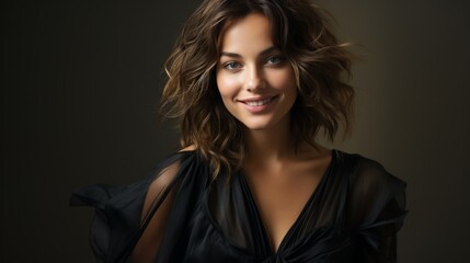 Fototapeta premium A stunning fashion model with a contagious smile poses in front of a wall, her long brown hair cascading down her layered hairstyle, highlighting her defined features and expressive dark eyebrows