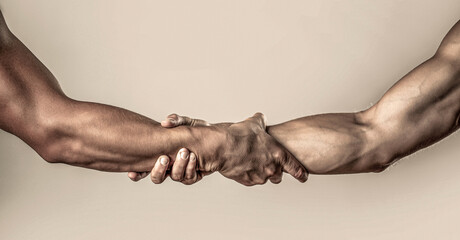 Rescue, helping gesture or hands. Strong hold. Two hands, helping hand of a friend. Handshake,...