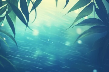 Fototapeta na wymiar An ethereal underwater scene, softly illuminated by sunlight that filters through the green foliage above. The serene blue tones of the water blend with the gentle sway of the leaves, creating a