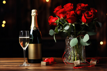 Champagne and red roses bouquet for valentines day, engagement or anniversary